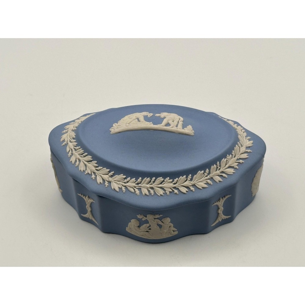 Vintage Wedgwood Blue Jasperware Lidded Trinket Box Classical Relief